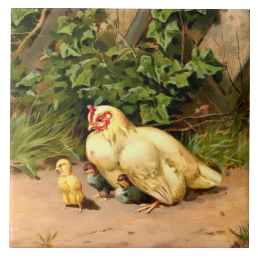 Victoriaans Era Hen & Baby Chickens door L. Prang Tegeltje (Voorkant)