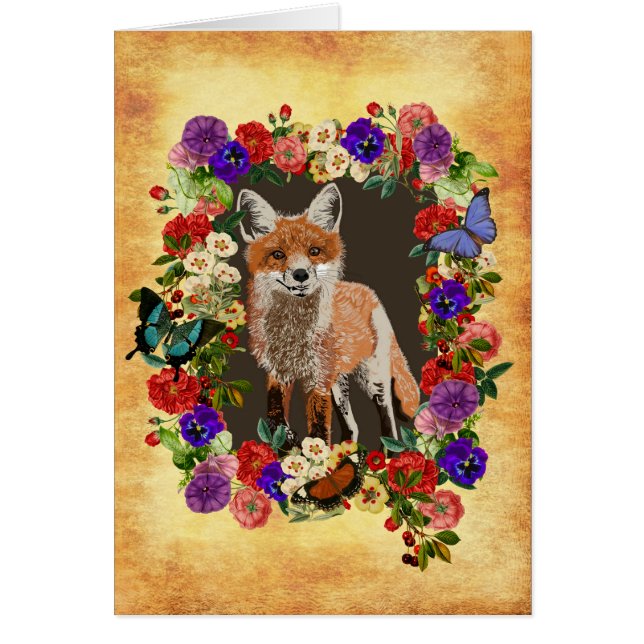 Victoriaans Floral Fox & Vlinder Wenskaart (Voorkant)