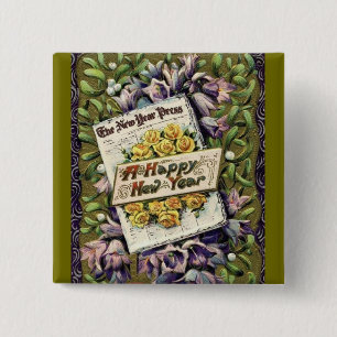 Victoriaans Floral  Gelukkig Nieuwjaar Pin Button