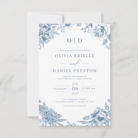 Victoriaans Frans Dusty Blue Wedding Monogram Kaart (Voorkant)
