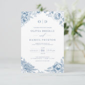 Victoriaans Frans Dusty Blue Wedding Monogram Kaart (Staand voorkant)