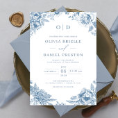 Victoriaans Frans Dusty Blue Wedding Monogram Kaart