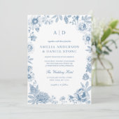 Victoriaans Frans Dusty Blue Wedding Monogram Kaart (Staand voorkant)
