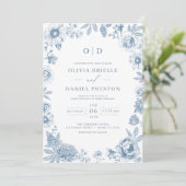 Victoriaans Frans Dusty Blue Wedding Monogram Kaart (Staand voorkant)
