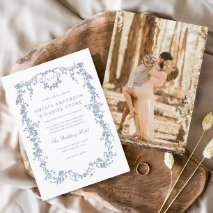 Victoriaans  Frans Foto Blauw Bruiloft Kaart