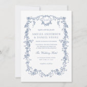 Victoriaans  Frans Foto Blauw Bruiloft Kaart (Voorkant)