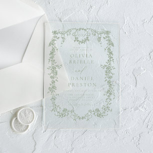 Victoriaans Frans Sage Groen Bruiloft Monogram Acryl Uitnodigingen