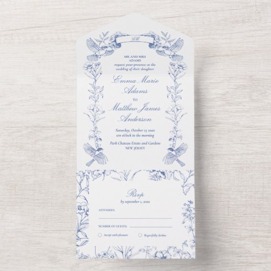 Victoriaans Franse Blauwe Botanische Vogelbruiloft All In One Uitnodiging (Binnen)