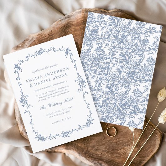 Victoriaans Franse Dusty Blue Floral Wedding Kaart