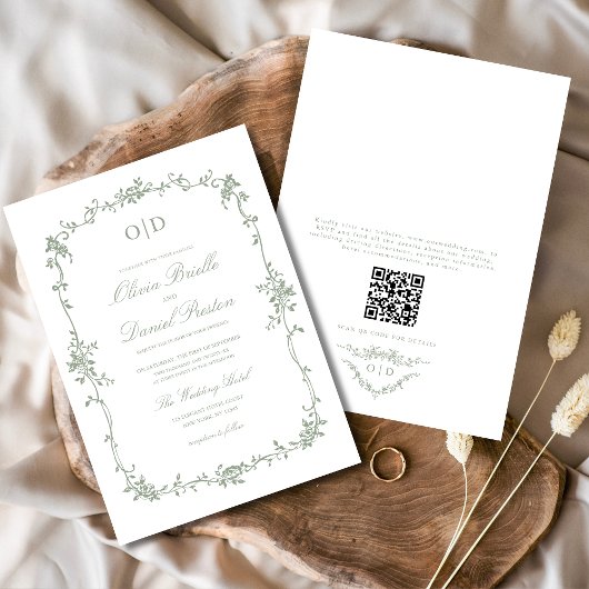 Victoriaans Franse QR-code Sage Green Wedding Kaart