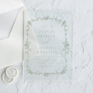 Victoriaans Franse Sage Green Wedding Acryl Uitnodigingen