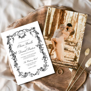 Victoriaans Franse zwarte foto monogram bruiloft Kaart