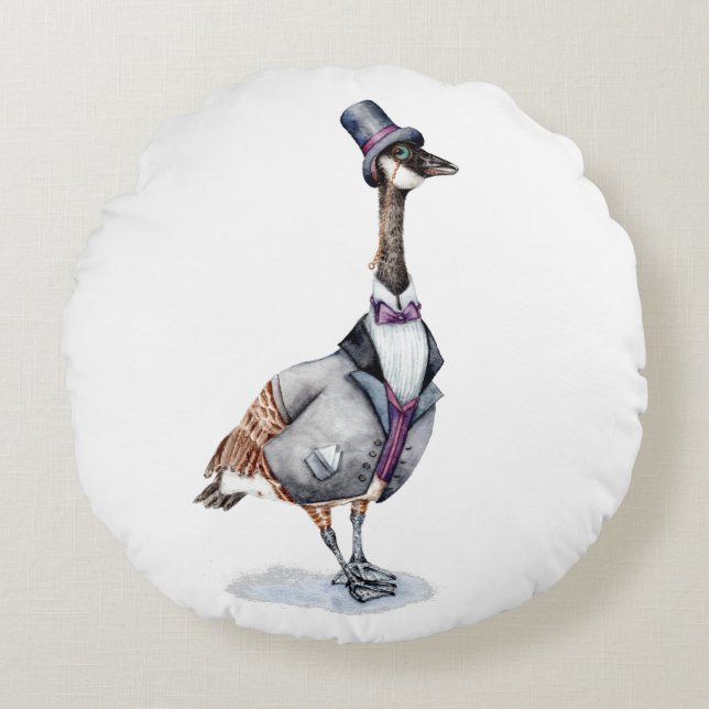 Victoriaans Gentleman Goose in een Top Hat Rond Kussen (Voorkant)