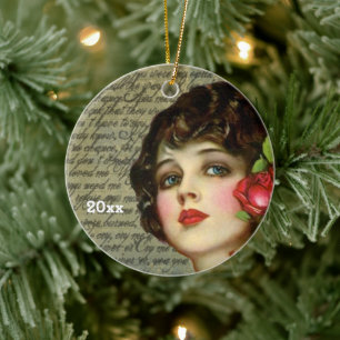 Victoriaans Glamour Girl met Red Rose Keramisch Ornament