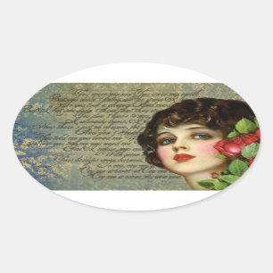 Victoriaans Glamour Girl met Red Rose Oval Sticker