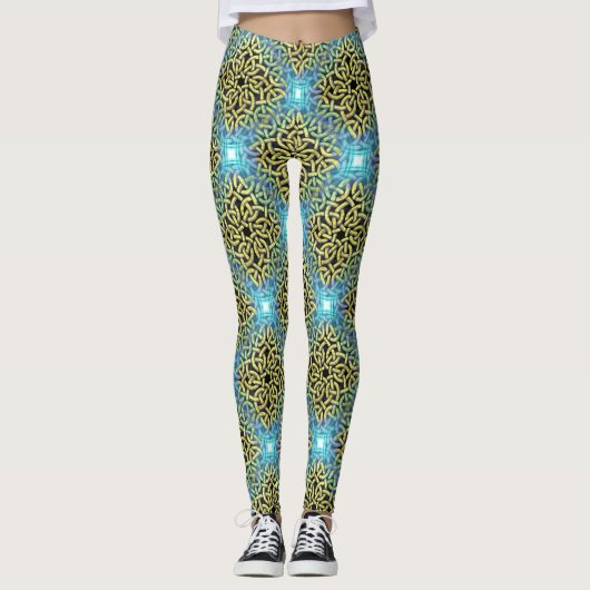 Victoriaans Golden Trim Aqua Background Leggings (Voorkant)