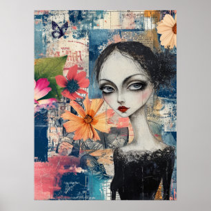 Victoriaans Gothic Meisje Bloemen Vlinder Abstract Poster