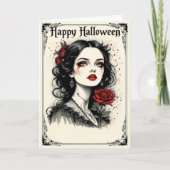 Victoriaans gotische Halloween Lady met rode roos Kaart (Voorkant)