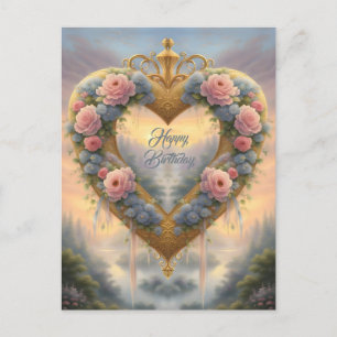 Victoriaans, gouden hart met bloemen en spreuk briefkaart
