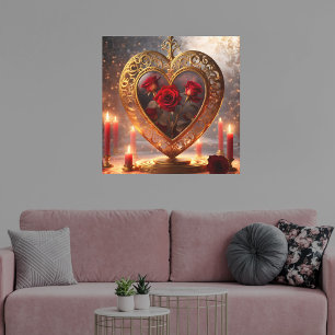 Victoriaans gouden hart met rode rozen, canvas afdruk