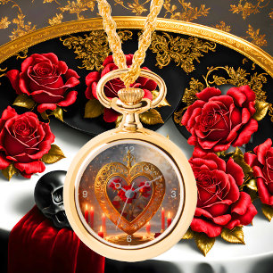 Victoriaans gouden hart met rode rozen,  horloge