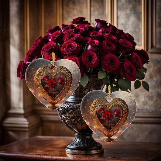 Victoriaans gouden hart met rode rozen, keramisch ornament