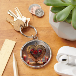 Victoriaans gouden hart met rode rozen, sleutelhanger