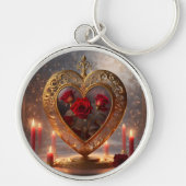 Victoriaans gouden hart met rode rozen, sleutelhanger (Voorkant)