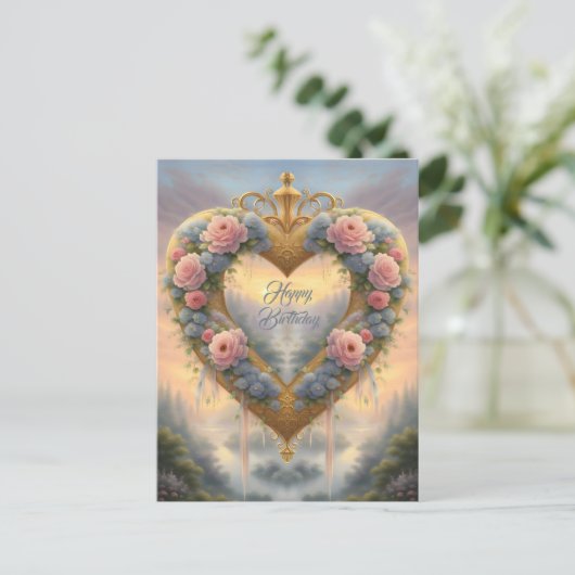 Victoriaans, goudkleurig hart met bloemen en gezeg briefkaart (Staand voorkant)