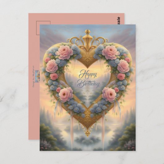 Victoriaans, goudkleurig hart met bloemen en gezeg briefkaart (Voorkant / Achterkant)