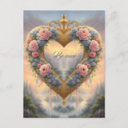 Victoriaans, goudkleurig hart met bloemen en gezeg briefkaart (Voorkant)