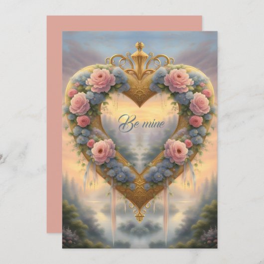 Victoriaans, goudkleurig hart met bloemen en gezeg feestdagenkaart (Voorkant / Achterkant)