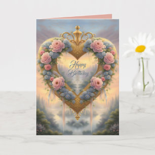 Victoriaans, goudkleurig hart met bloemen en gezeg kaart