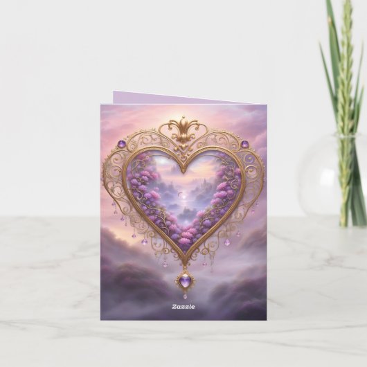 Victoriaans goudkleurig hart met lila bloemetjes, feestdagen kaart (Achterkant)