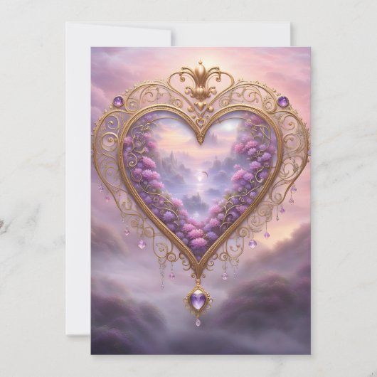 Victoriaans goudkleurig hart met lila bloemetjes, feestdagenkaart (Voorkant)