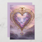 Victoriaans goudkleurig hart met lila bloemetjes, feestdagenkaart (Voorkant / Achterkant)