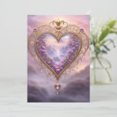 Victoriaans goudkleurig hart met lila bloemetjes, feestdagenkaart (Staand voorkant)