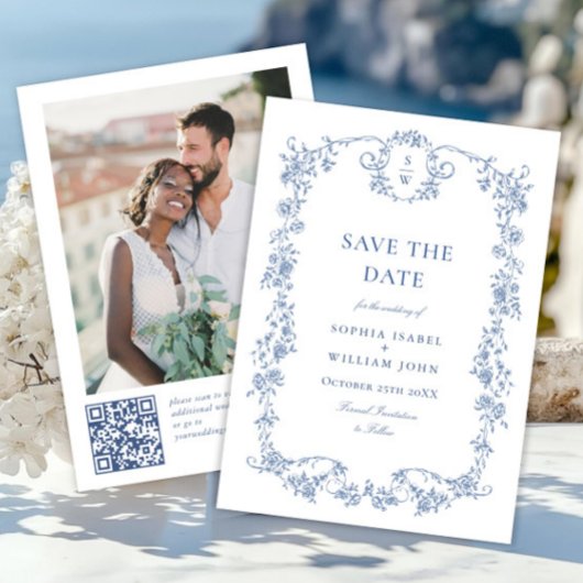 Victoriaans Grace Blauw Bloemen QR code Trouwen Save The Date