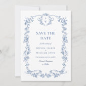 Victoriaans Grace Blauw Bloemen QR code Trouwen Save The Date (Voorkant)