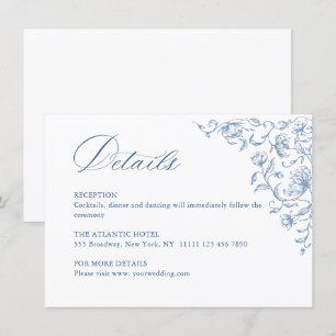 Victoriaans  Grace Bloemen Blauw Huwelijk Details Informatiekaartje