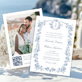 Victoriaans  Grace Blue Floral Wedding QR-code Kaart