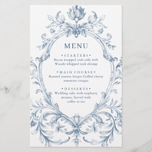 Victoriaans Grace Dusty Blue Wedding Menu (Voorkant)