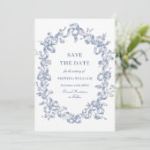 Victoriaans Grace Floral Blue Save the Date (Staand voorkant)