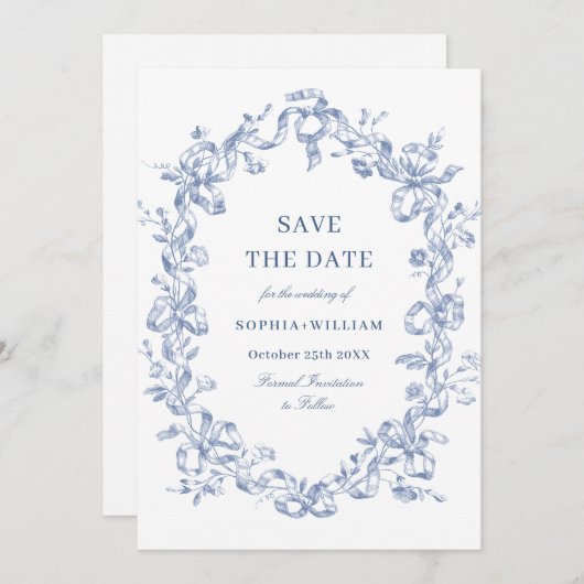 Victoriaans Grace Floral Blue Save the Date (Voorkant / Achterkant)