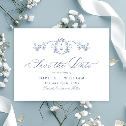 Victoriaans  Grace Floral Blue Save the Date Briefkaart