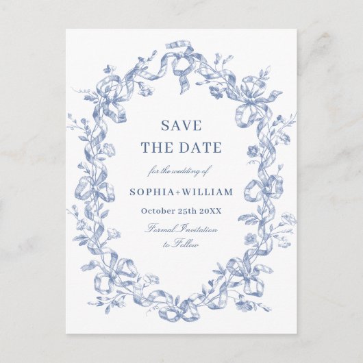 Victoriaans  Grace Floral Blue Save the Date Briefkaart (Voorkant)