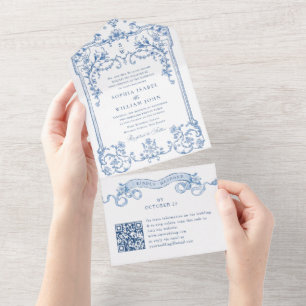 Victoriaans  Grace Floral Blue Wedding QR-code All In One Uitnodiging