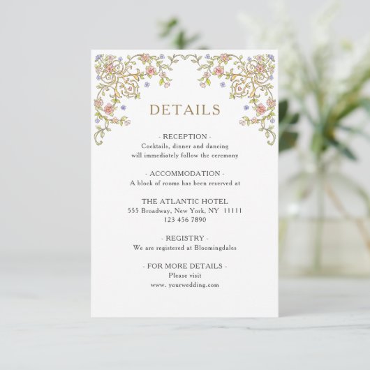 Victoriaans Grace Floral bruiloft Details Informatiekaartje (Staand voorkant)