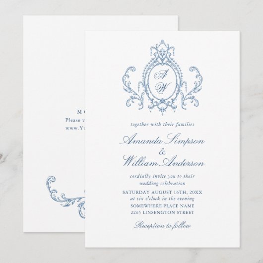 Victoriaans  Grace Floral Dusty Blue Wedding Kaart (Voorkant / Achterkant)