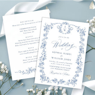 Victoriaans  Grace Floral Dusty Blue Wedding Kaart
